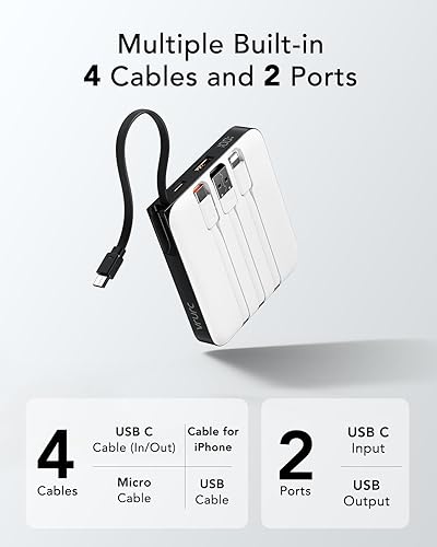 Miniatura 2 de VRURC Cargador portátil con 4 cables incorporados, batería de 10000 mAh PD 20 W para iPhone, 22.5 W USB C Banco de energía de viaje para iPhone 16