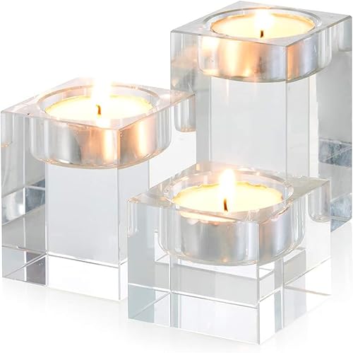Sziqiqi Portavelas pequeños de cristal, portavelas decorativas para centro de mesa, boda, juego de 3 cuadrados