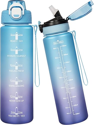 Sports Tritan - Botella de agua con popote y marcador de tiempo, botella de agua motivacional para niños con correa para niños, escuela, 2 tapas, 20