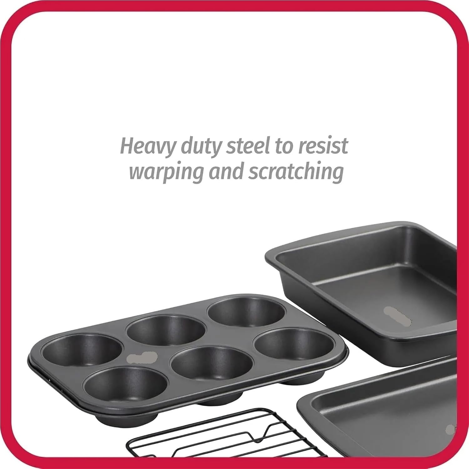 4-Piece Nonstick Steel Toaster Oven Bakeware Set Gray with Sheet Pan, Rack, Cake Pan and Muffin Pan