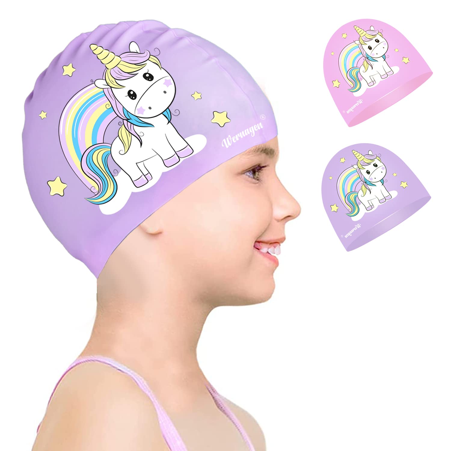 Swimming Cap Kids 4-12 - Swimming Hat Kids 4-12 for Girls Boys Silicone & Waterproof (C-Purple)
