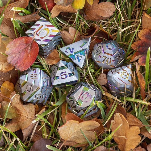 Sage's Portal Dimension Stones Metal DND Dice 7 Piece Polyhedral Dice Set for DND TTRPG Dungeons and Dragons Pathfinder Oversized Designer Dice (Matte Silver/Holographic)