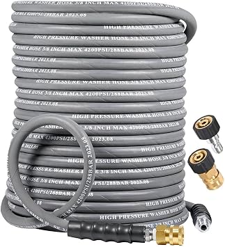 3/8″ Pressure Washer Hose 100 FT — 4500 PSI Steel-Braided Non-Marking Rubber | For Hot & Cold Water, Quick-Connect With M22 Fittings, Industrial-Grade Replacement for Gas Pressure Washers