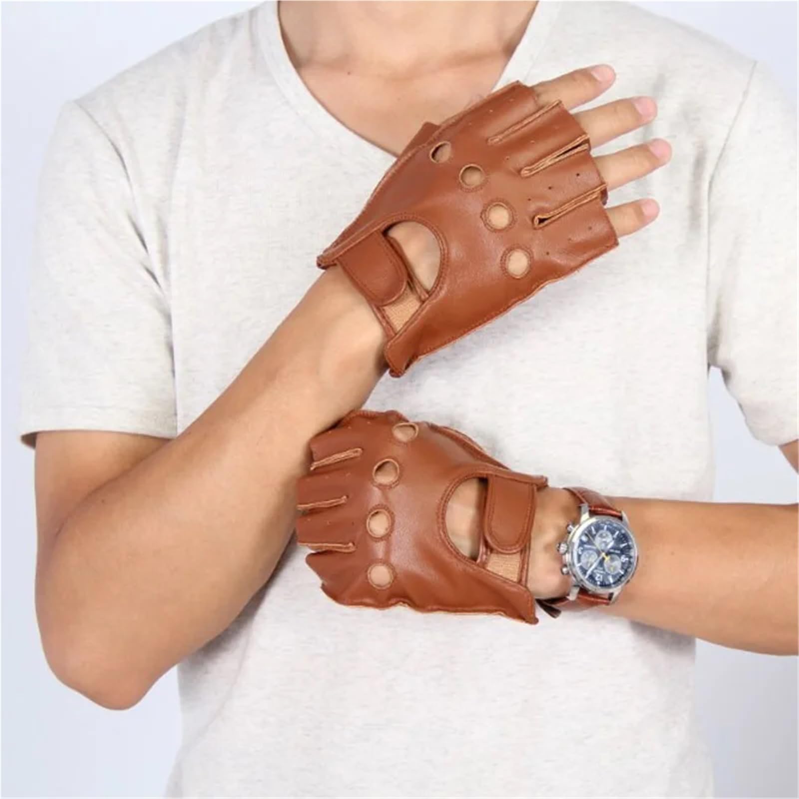 Guanti di pelle da uomo, Guanti da guida mezze dita for uomo Fitness Sport Ciclismo L XL