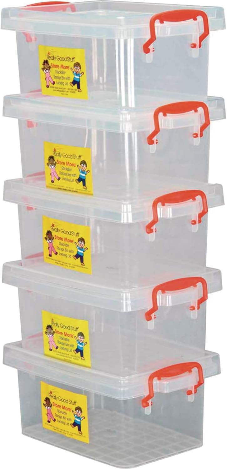 Really Good Stuff Small Clear Plastic Stackable Storage Tubs with Locking Lid – Red Handles Lock Lid in Place – Hold Supplies, Manipulatives and More in Classroom or Home, 8”x4”x5” (Set of 5)