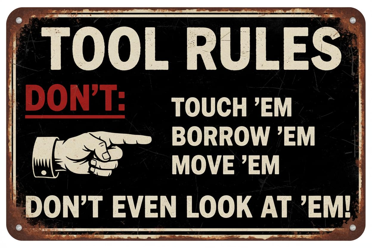 Tool Rules Garage Man Cave Tin Sign, 12x8 Inch Decor