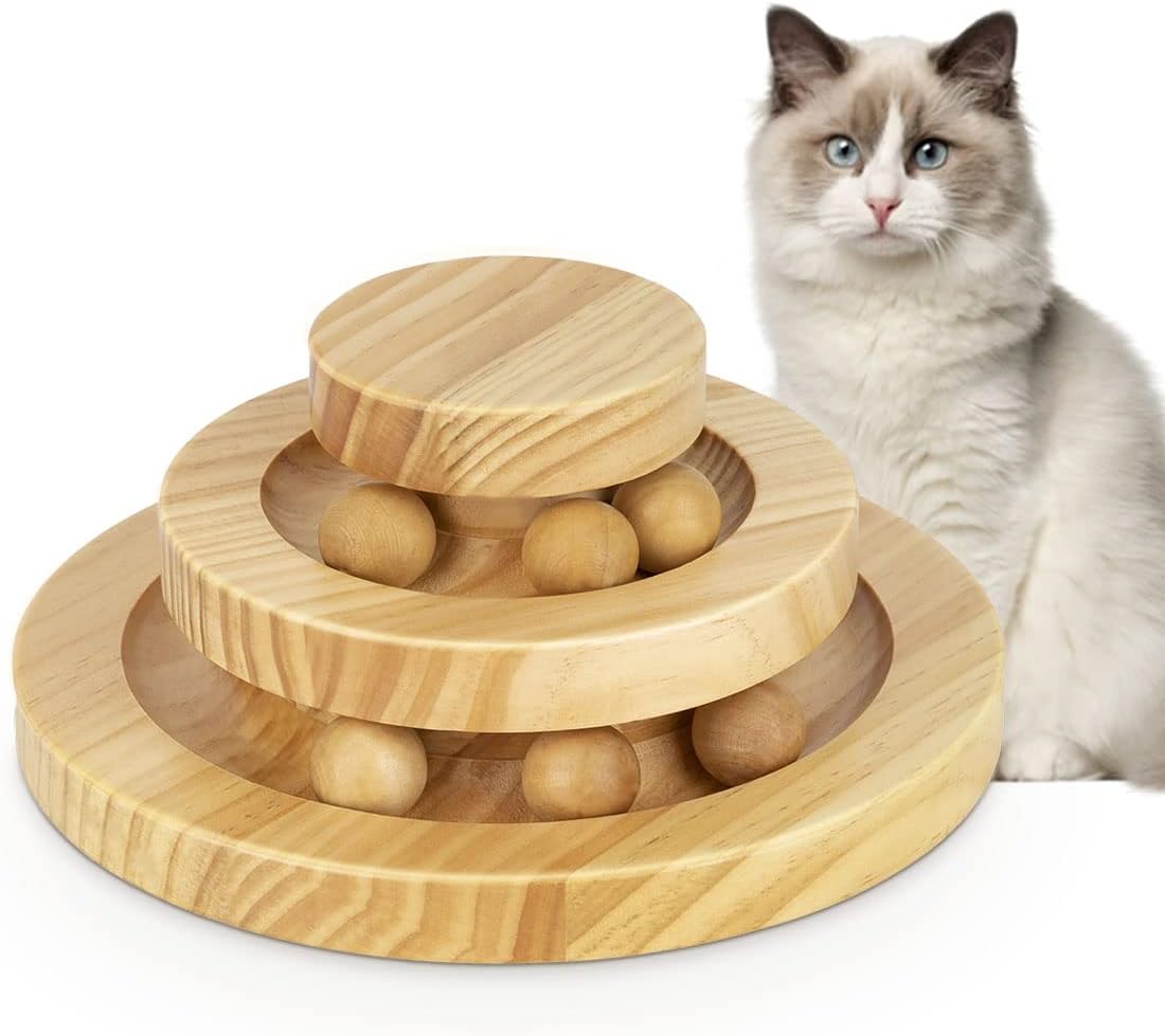 Cat Toys Wooden, Cat Supplies Funny Roller Double Layer Track Turntable with Bell Ball Cat Tower Toy for Kitten Toy