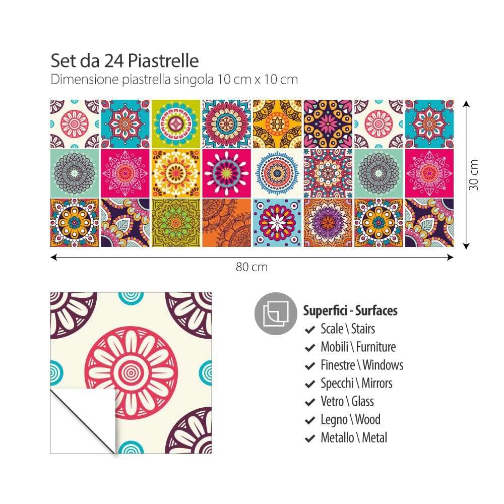 RE-COVERTILES - Adesivi per Piastrelle Bagno e Cucina 24 Pz 10x10 cm - PS00178 Decorazione murale in PVC impermeabile mattonelle mosaico stile cementine Azulejos