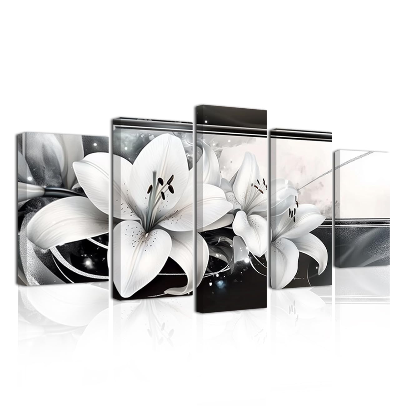 LZIMU Lily Canvas Wall Art Large Abstract Flower Wall Decor 5 Pieces Black and White Floral Pictures Print Framed Artwork for Living Room Bathroom Decor (White, 12"x16"x2 12"x24"x2 12"x32"x1)