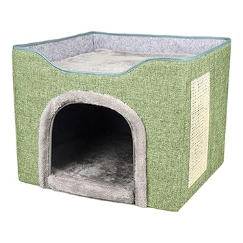 Aswadh Cat Bed with Scratch Pad Foldable House for Indoor Cats Grass Green