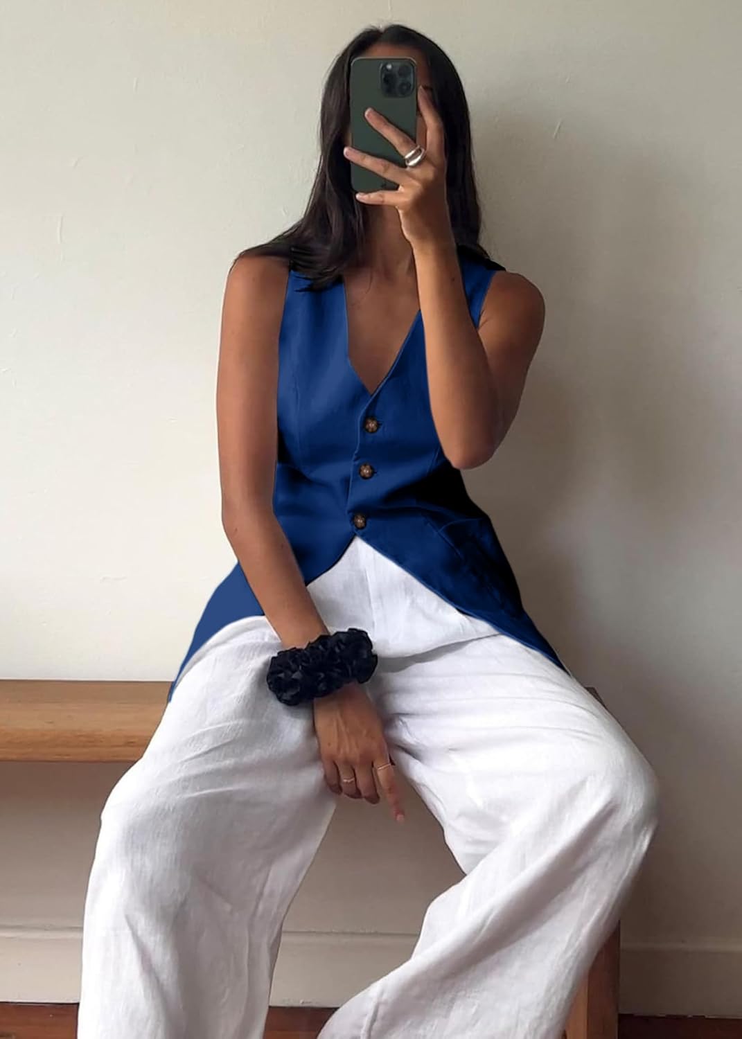 Mina Self 2025 Fall Women's Long Linen Vest Tops - Lightweight Breathable Fashion Fully-Lined Office Outerwear with Pockets - Image 5