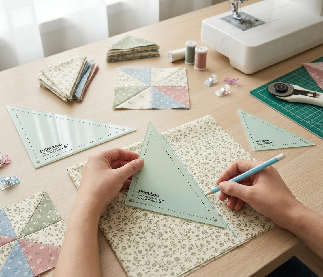 Printtoo Set di modelli triangolari a 90 gradi, 2 mm, in acrilico, per trapunte, patchwork, 7,6 cm, 10,2 cm, per metà quadrato, triangolo, blocchi, taglio tessuto, cucito, fai da te, creazione di