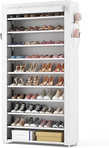 Miniatura 12 de ROJASOP Zapatero con cubiertas, estante apilable de 10 niveles de alto para zapatos, 50-55 pares de zapatos y botas, organizador vertical de gran