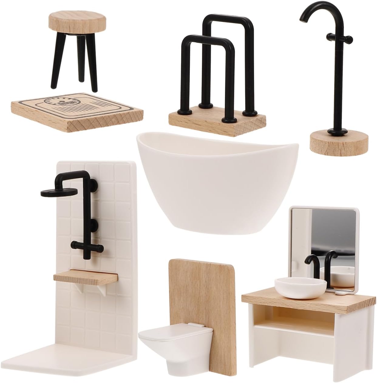 1set Dollhouse Miniature Bathroom Accessories Furniture Bathroom Set with Shower Room Decor Toilet Sink Bath for Dollhouse Mini Bathtub Toilet
