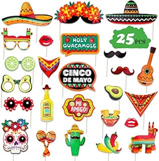 Qpout 25PCS Mexico Fiesta Photo Prop Mexican Carnival Party Decoration Supplies for May Day Selfie Party Supplies Fiesta Photo Decoration Mexican Themed Party