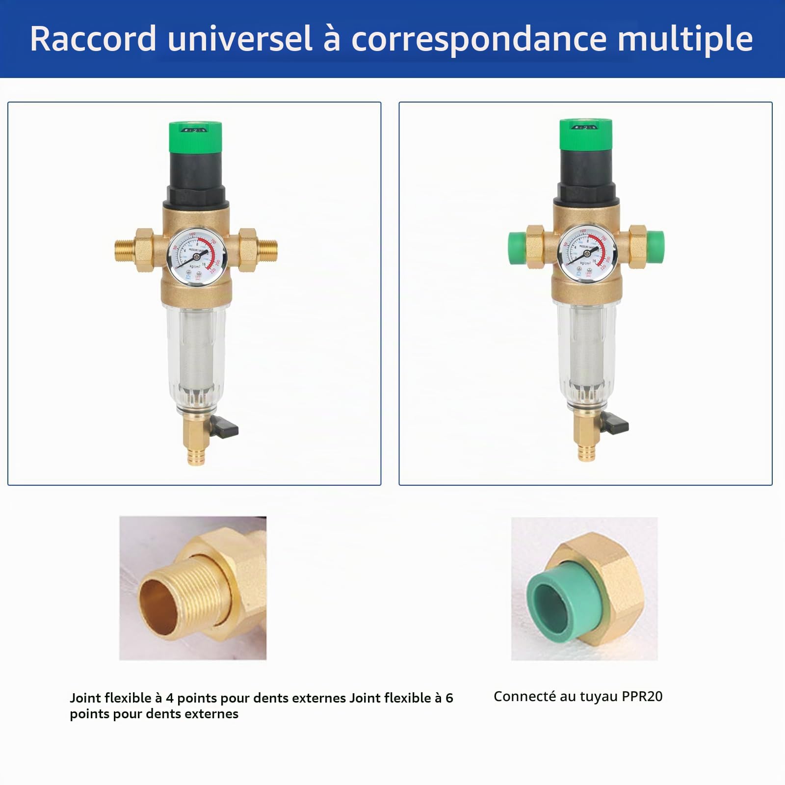 Filtre de rinçage, réducteur de pression, filtre à eau avec manomètre, réducteur de pression d'eau, pré-filtre à sédiments, filtre fin rinçable, filtre à eau Spin Down Sediment (1" avec adaptateur