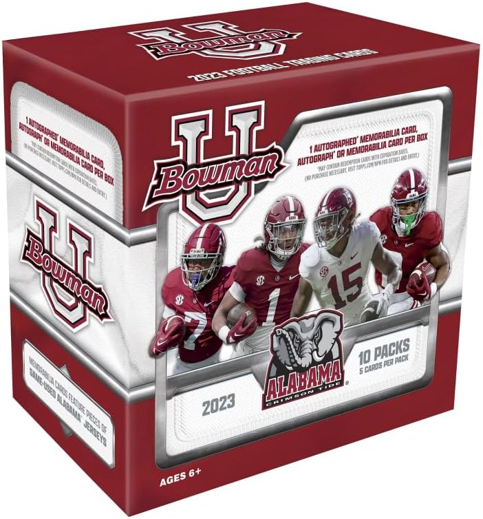 2023 Bowman U University Alabama Crimson Tide Football Factory Sealed Hobby Box. 1 Autographed Memorabilia, Autograph or Memorabilia Card Per Box. 10 Packs of 5 Cards. Look for Insert Sets Roll Tide and Crimson Catalysts.