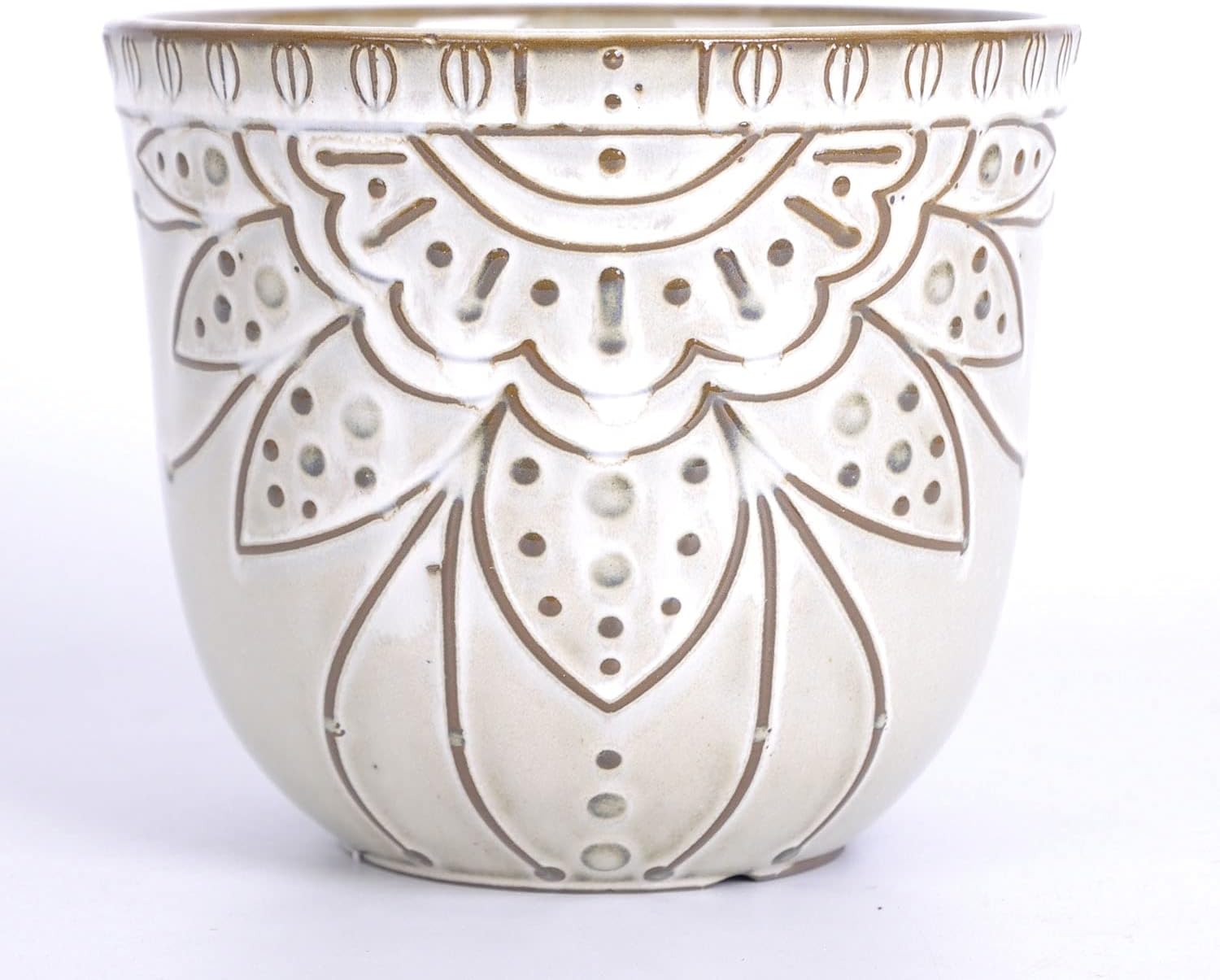 VanEnjoy 5.9 inch Round Bohemian Style Ceramic Planter, Geometry Engrave Off White Brown Planter Flower Pot, Indoor Outdoor Decorative Planter - Image 3