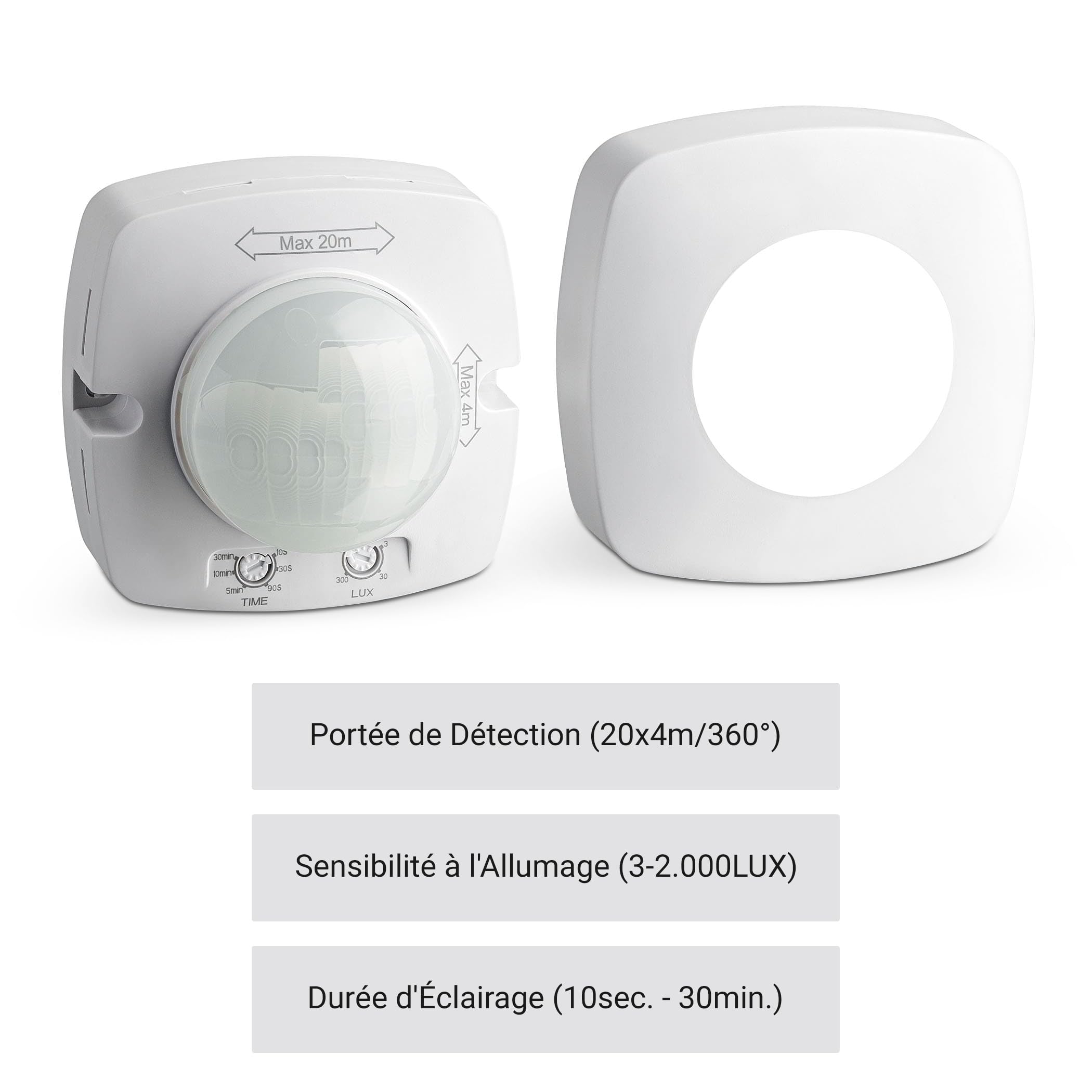 SEBSON 2X Détecteur de Mouvement Extérieur IP65, Montage en Saillie du Plafond, programmable, 20x4m / 360°, LED adapté, Capteur Infrarouge avec 2 Capteurs