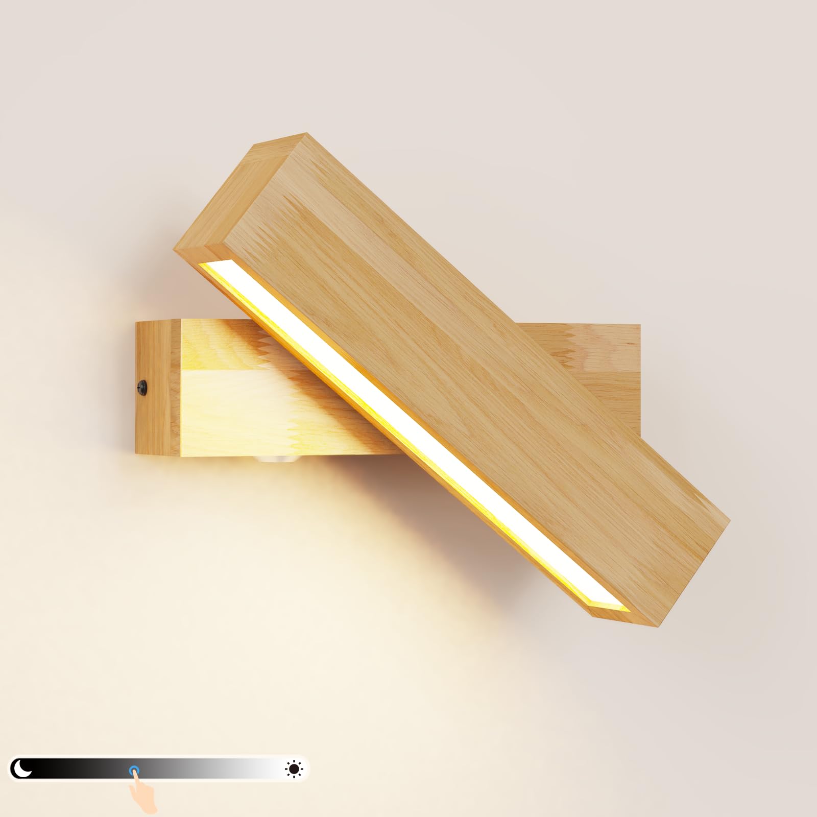 Applique da Parete Interno in Legno 8W, Touch Dimmerabile, Luce Calda 3000K | Lampada da Comodino a Muro, Ruotabile 270°, Paralume in Acrilico per Camera da Letto, Soggiorno, Angolo Lettura, 21.5 * 4.5cm