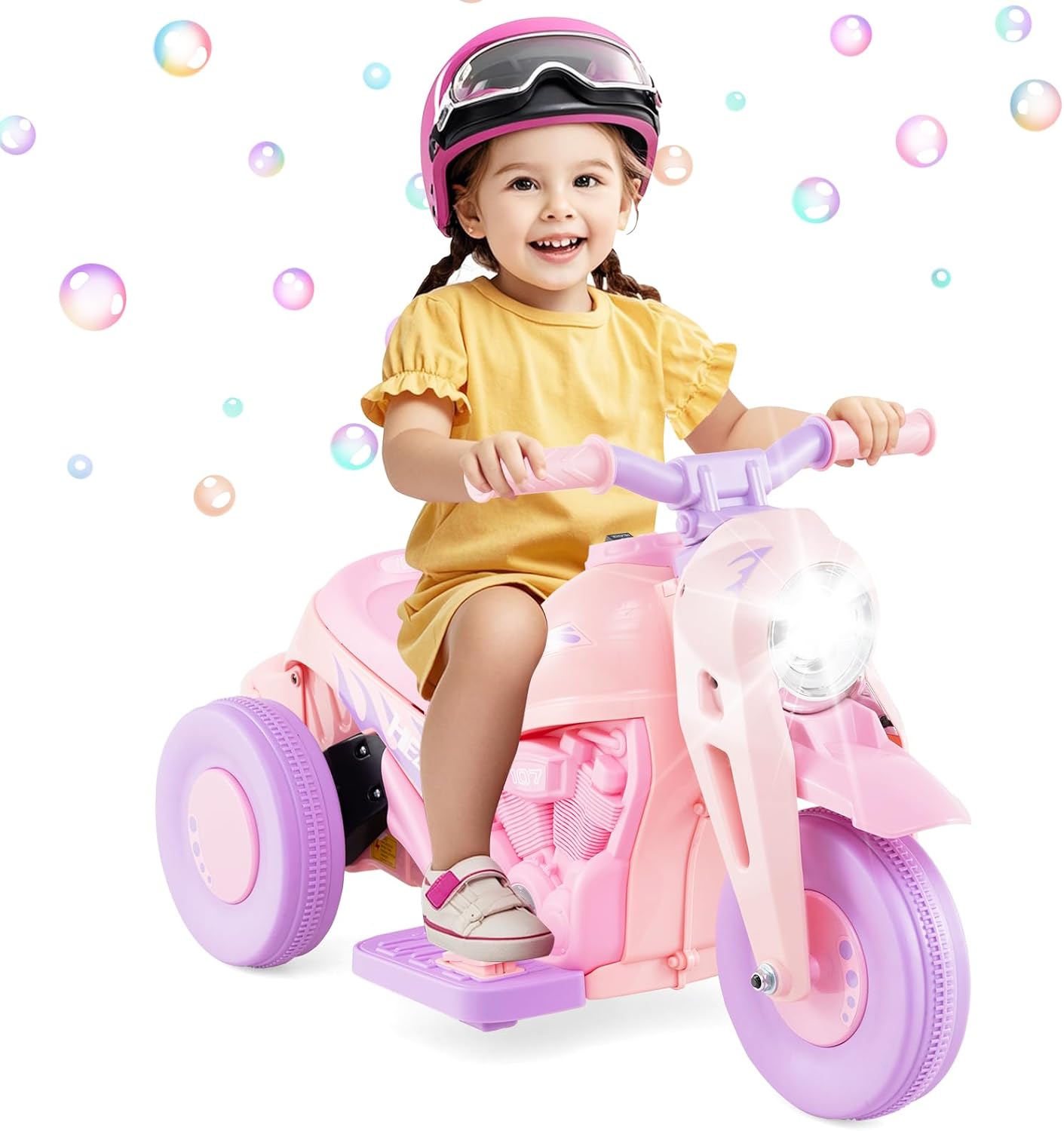 HONEY JOY Pink Ride On Motorcycle, 6V Toddler Motorcycle with Bubble Maker, LED Light, Music, Foot Pedal, Forward/Backward, 3-Wheel Battery Powered Electric Motorcycle for Kids, Gift for Boys Girls