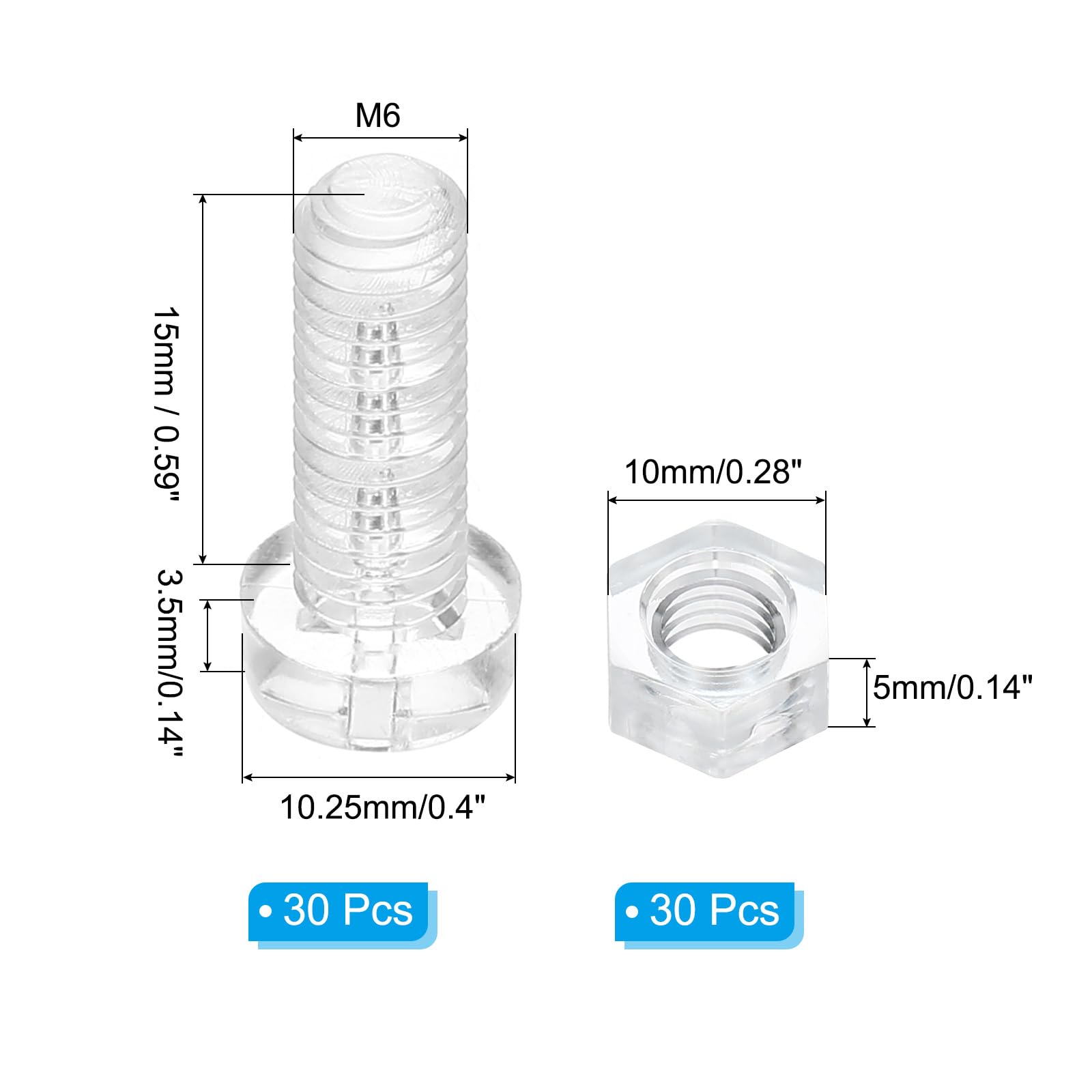 PATIKIL M6x15mm Clear Acrylic Screws and Hex Nuts Kit, 30 Set PC Plastic Phillips Round Head Bolts for Machine Accessories Transparent - Image 2