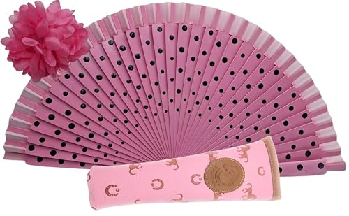 Planta Color Abanico de Madera con Flores Pintadas a Mano. Incluye una Funda para Proteger el Abanico. Pinza de Pelo con Diseño de Flor para Complementar tu estilo (Rosa Lunares)