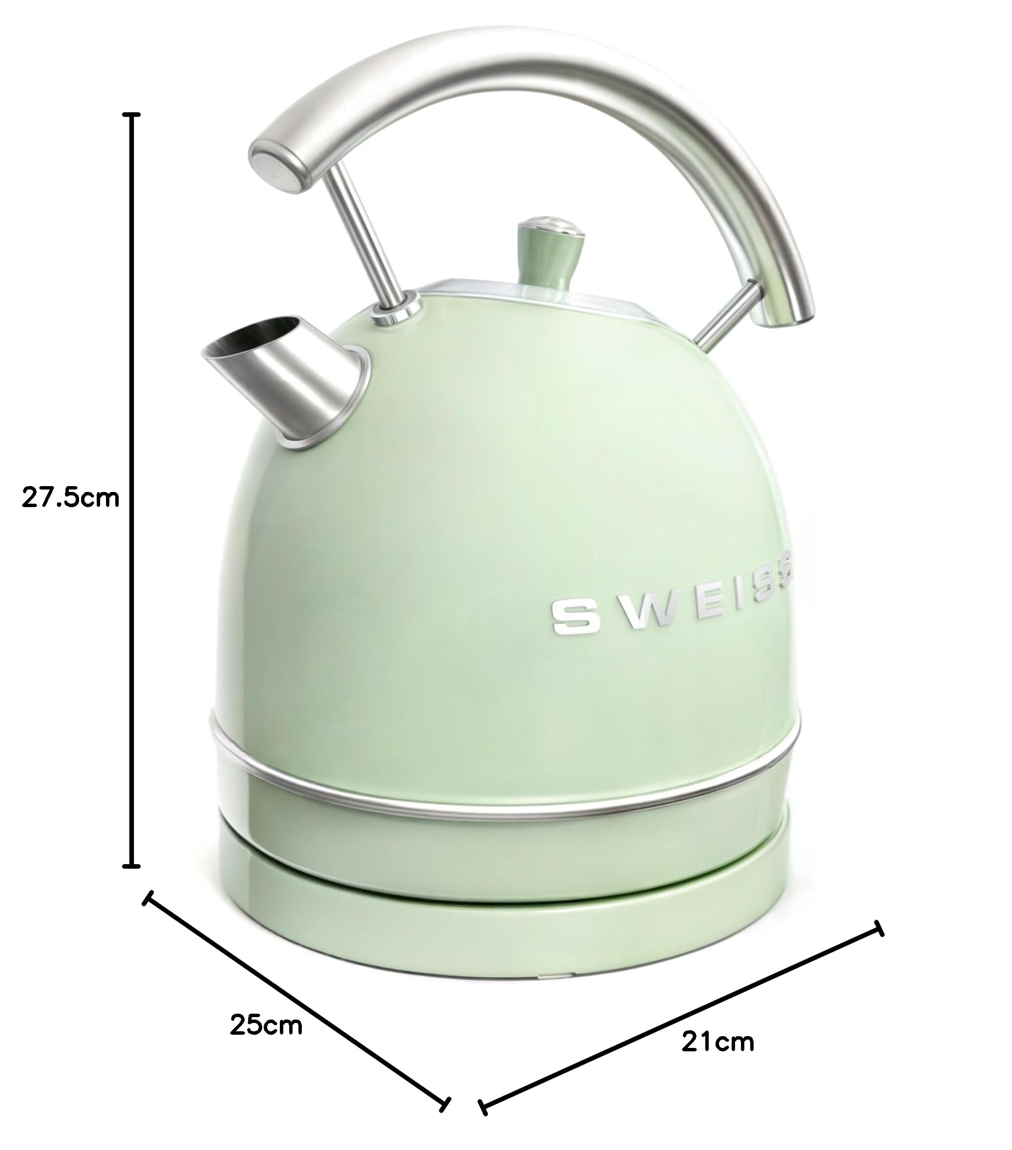 SWEISS Bouilloire électrique vintage KTL7 1,8L, Inox compacte pratique 2200W, Ébullition rapide, Niveau d'eau visible et gradué, Arrêt automatique, Socle 360°, Vert