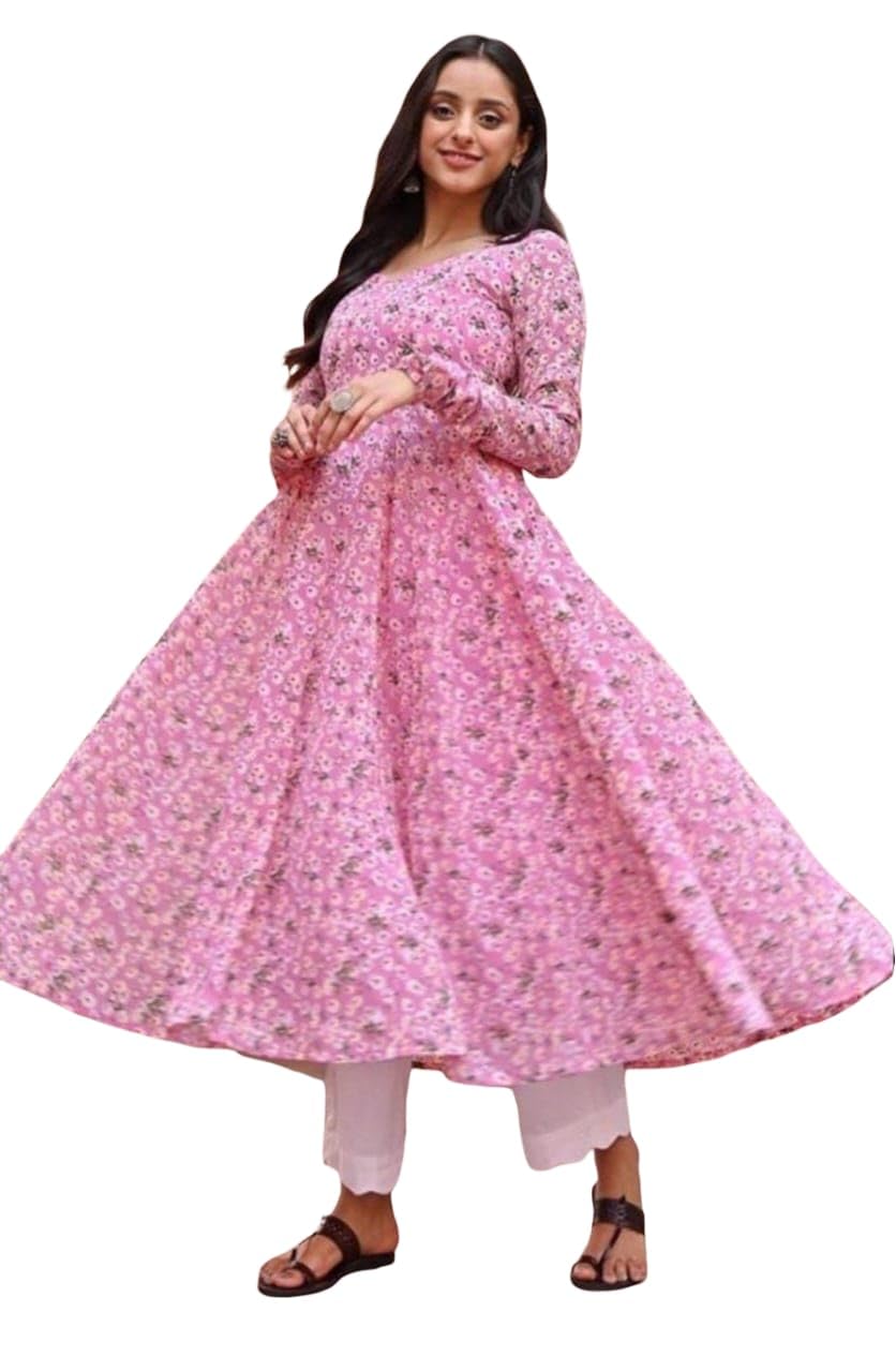 Women's Pink Printed Georgette Long Kurti with Flared Sleeves, XL