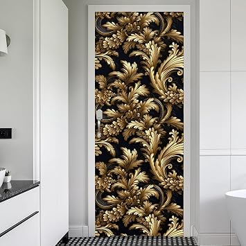 REDAMANCY Dark Black Gold Damask Flower Peel and Stick Door Stickers Vinyl 3D Door Mural Decals Decor Wallpaper Self-Adhesive, Waterproof, Removable