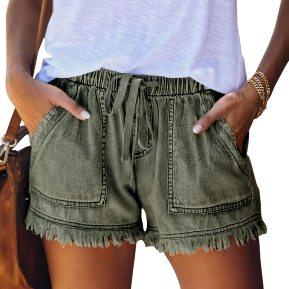 Short d'Été Décontracté en avec Cordon Et avec Poche pour Femme Short en Jean Décontracté à Franges pour Femme Couleur Unie Short Plage