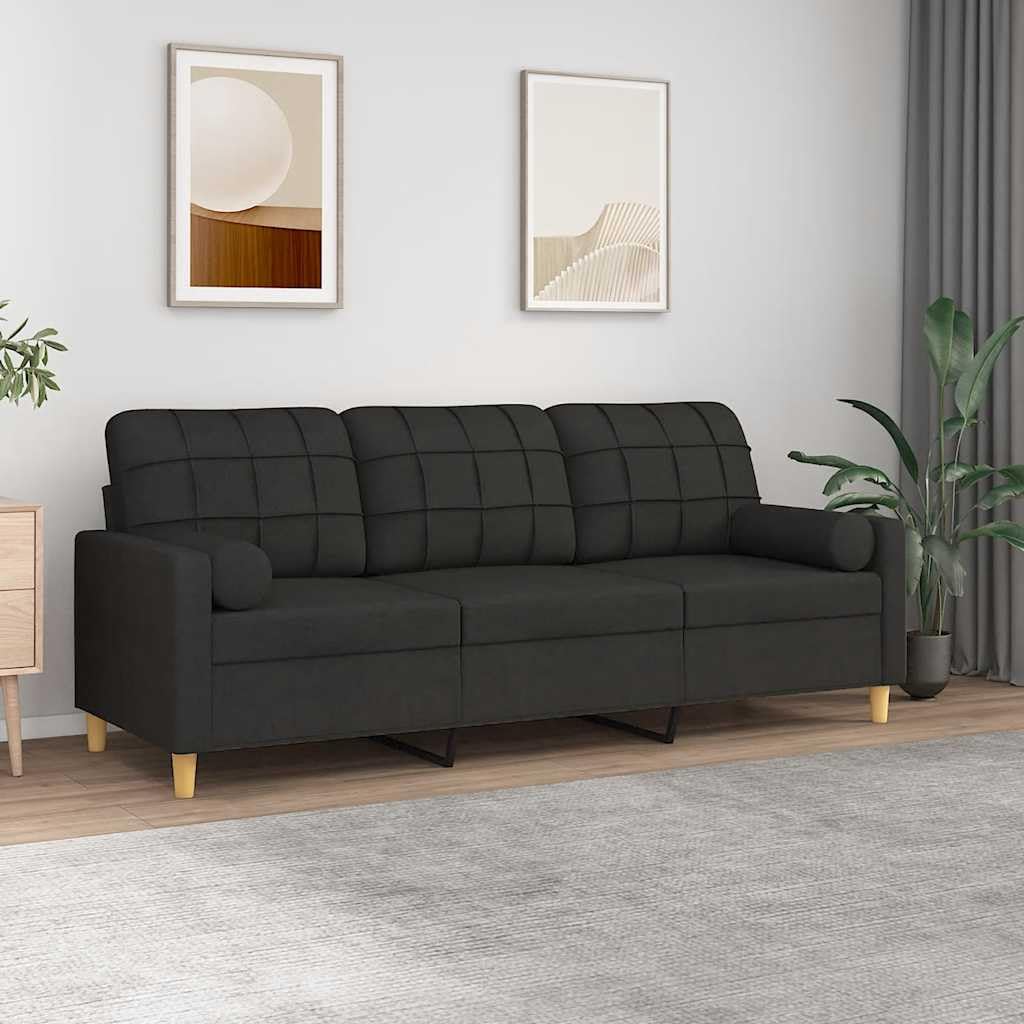 3-osobowa sofa z ozdobną poduszką, czarna, 180 cm, tkanina, nowoczesny design, wygodny mebel do siedzenia do salonu i pokoju gościnnego, trwała poszewka, stabilna metalowa konstrukcja