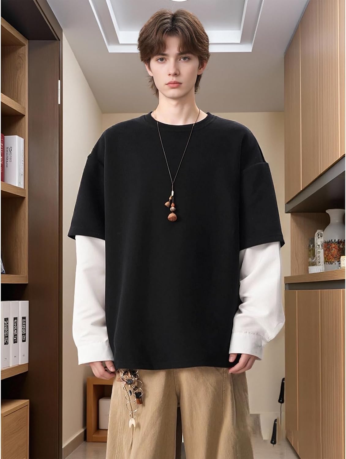 GURUNVANI Men's Fake Two Piece Contrast Sleeve Sweatshirt Long Sleeve Casual Crewneck Pullover Shirt - Image 3