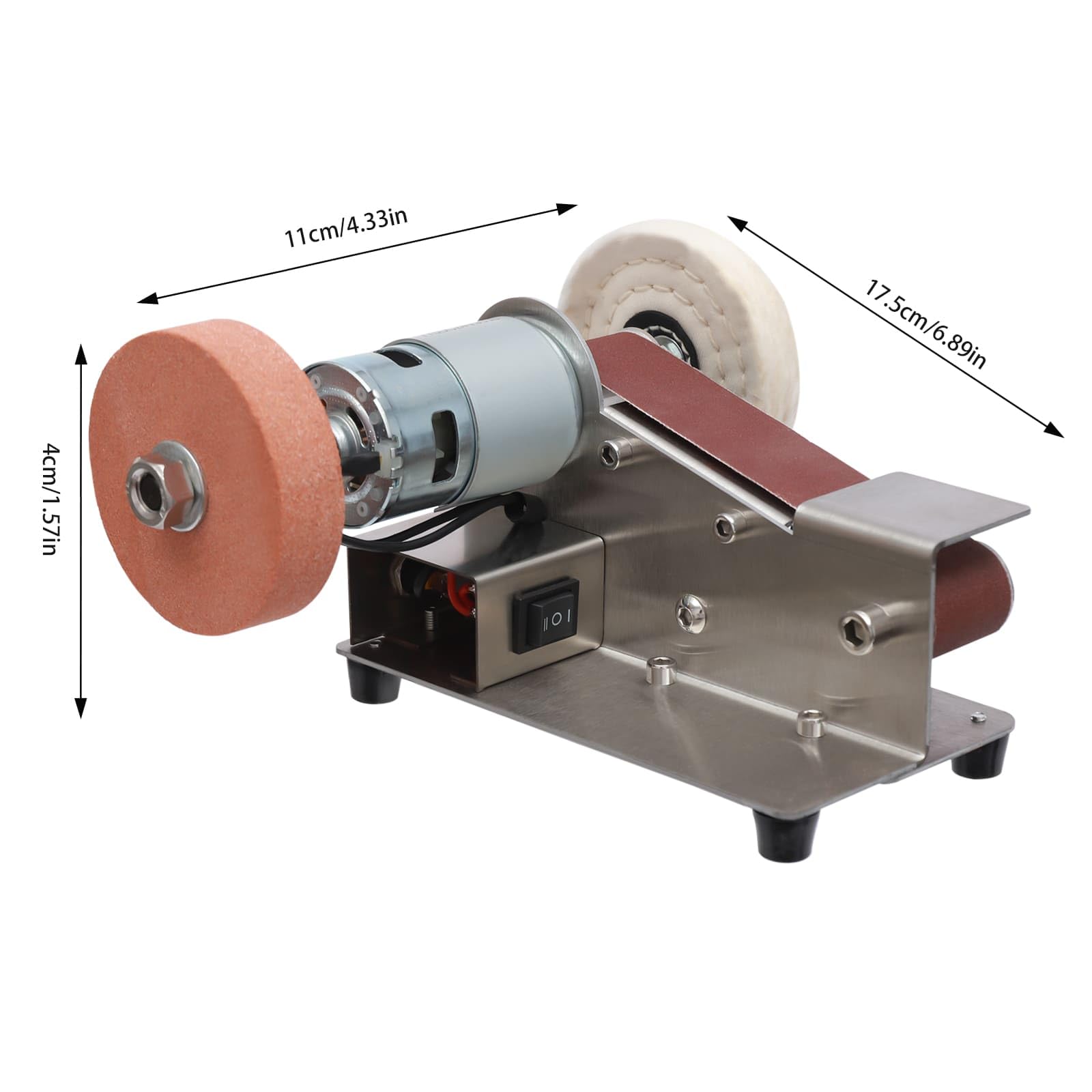 Mini szlifierka taśmowa 150 W z ściernicą i kołem z tkaniny, 7 regulowanych prędkości, regulowany kąt stołu roboczego, idealna do aluminium, ceramiki, szkła, drewna