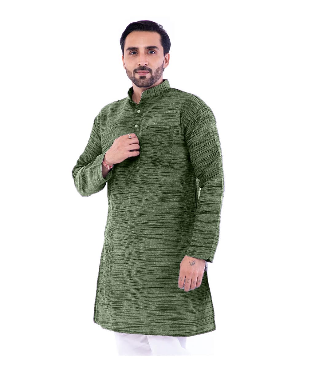 aaryavar Men's Khadie Cotton Relaxed Kurta - Dark Green Colour-picture-38