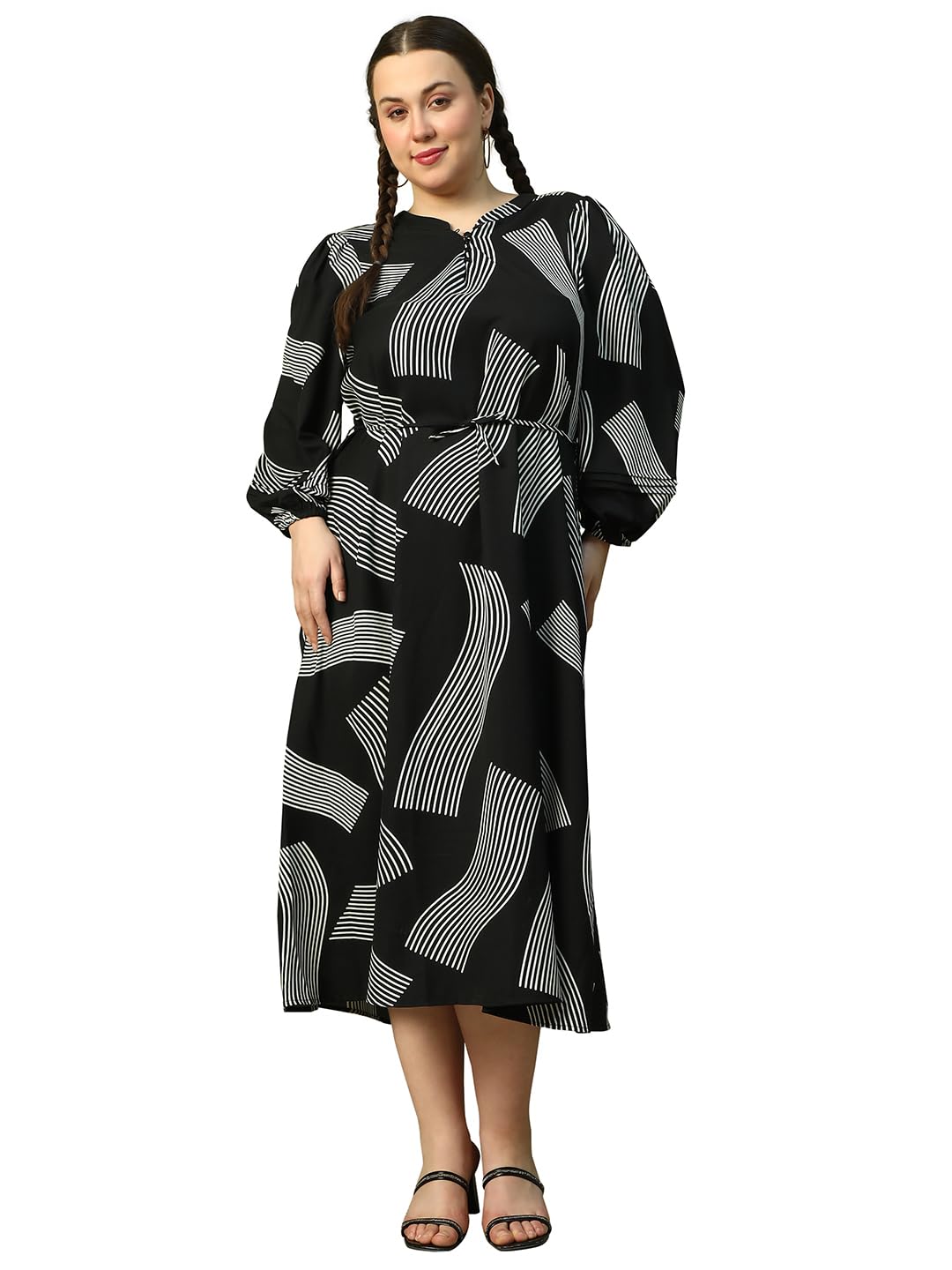 oxolloxo Plus Size Black Floral Print Round Neck with Button Detail Long Sleeve Flare Maxi Long Dress with Waist Tie-Up Belt-picture-36