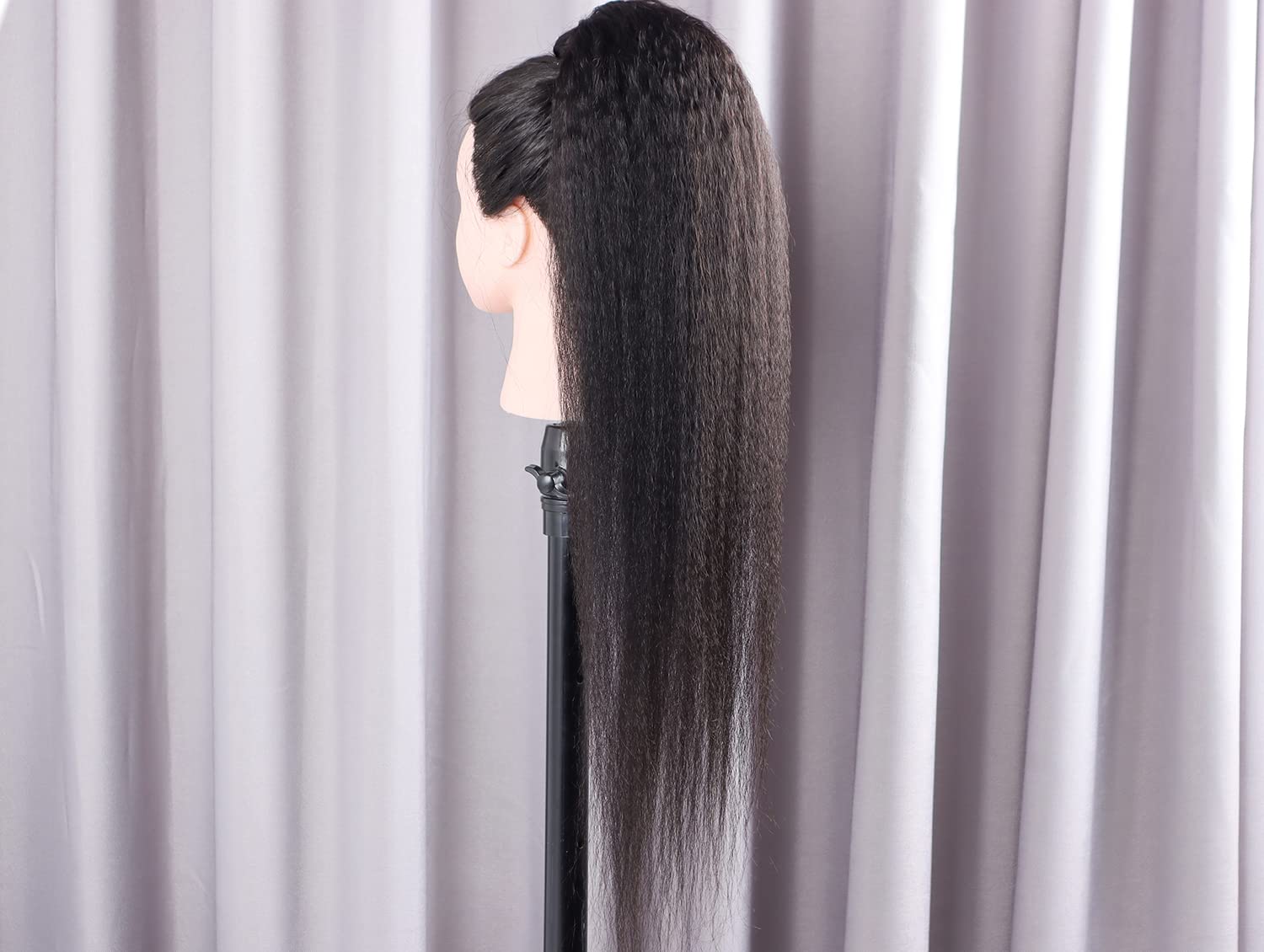 Brazilian Virgin Kinky Straight Human Hair Drawstring Ponytail For Black Women Long Inch Kinky Straight Clip In Human Hair Extension Pieces Natural Black (28 Inch, Ponytail)