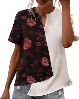 QI_LIANG Going Out Tops for Women, Spring Classic Crop Soft Short Sleeved Shirt Ladies Skater Polyester Deep NEC Shirt Floral Patchwork Baggy Shirt Ladies Wine