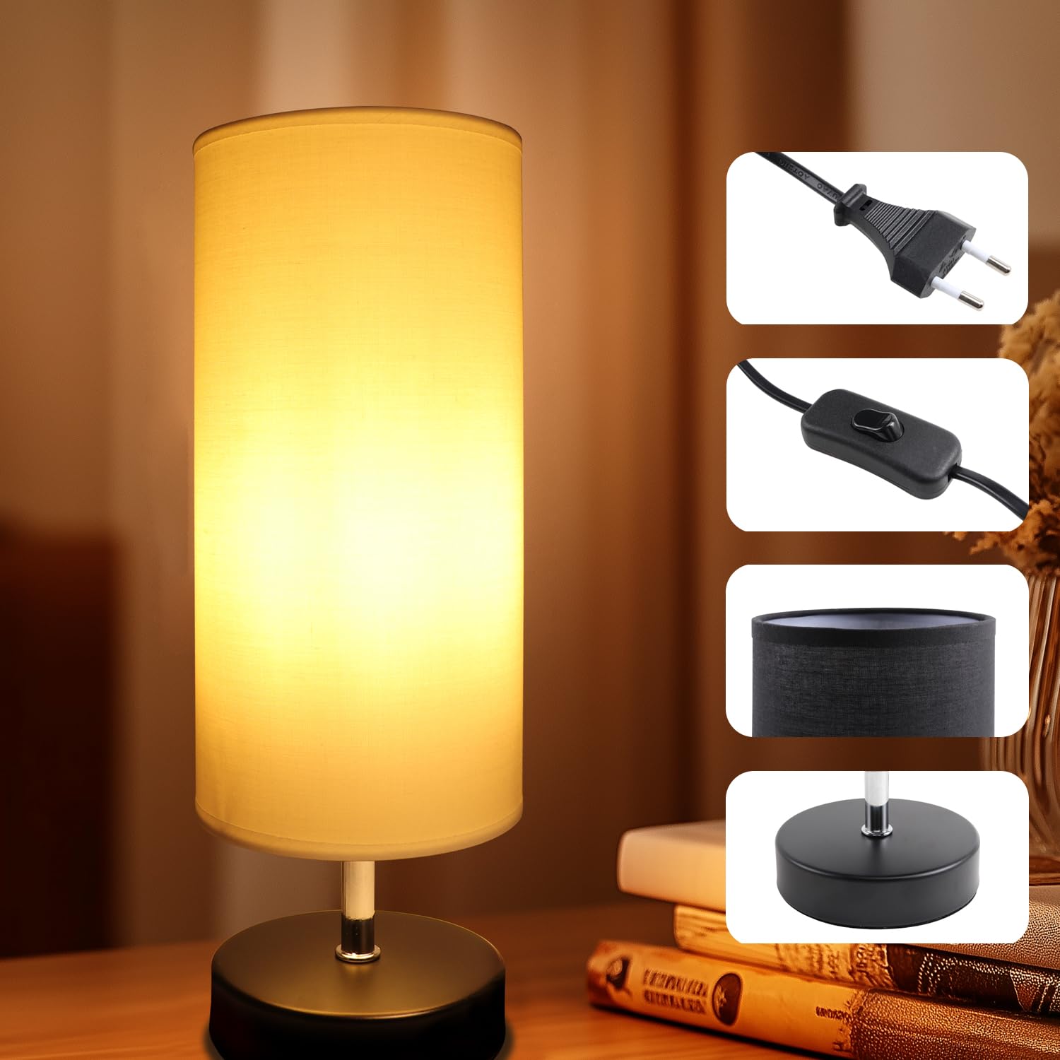Lampka nocna biała z żarówką 6 W, oprawa E27 z przełącznikiem kablowym, 3 temperatury barwowe 3000 K/4000 K/6500 K z funkcją pamięci, nowoczesna lampa stołowa LED do sypialni, salonu