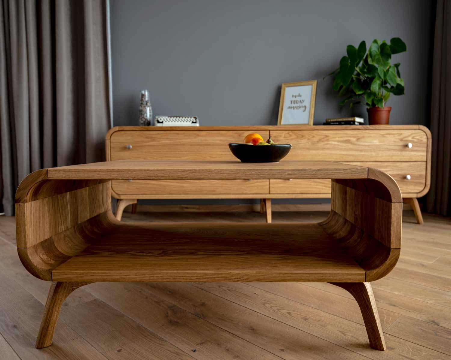 Art deco Coffee Table with a shelf, Low Solid Oak Coffee