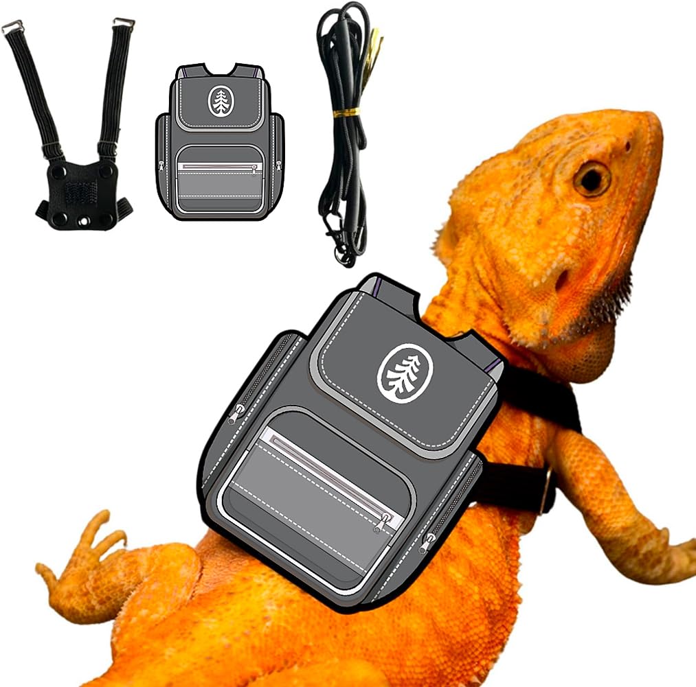 Bearded Dragon Harness Leash Soft Leather Harness with Backpack Patch Adjustable Strap Outside Walk Training Leash for Reptile Lizard Amphibians (Grey)