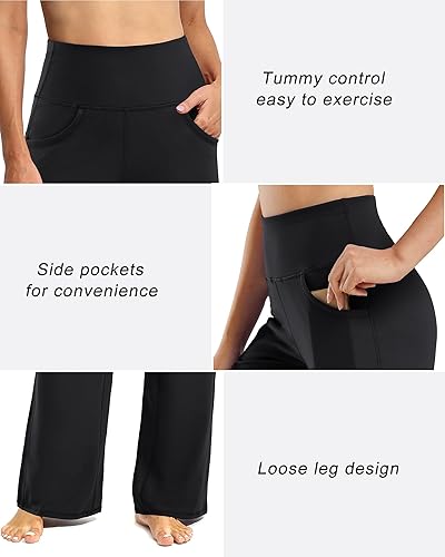 Miniatura 3 de Promover Pantalones de pierna ancha para mujer, de yoga con bolsillos, elásticos, holgados, informales, para descansar, talla petiteregularalta