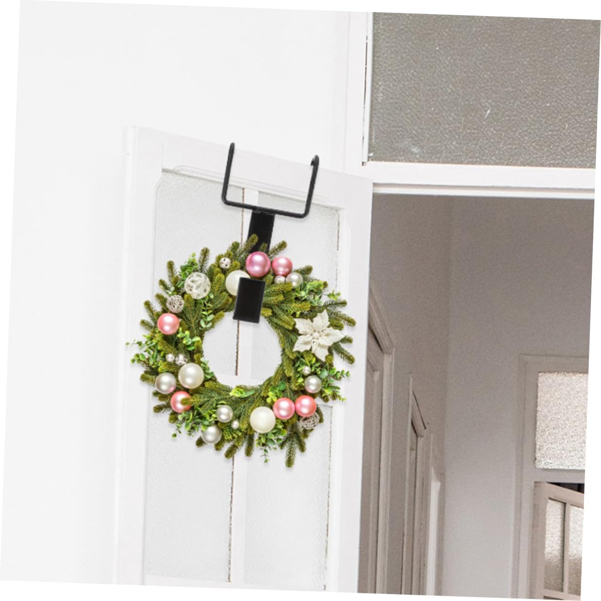 4pcs Over The Door Wreath Hanger Hooks Black Wrought Iron Double Hook for Front Door Garland and Halloween Christmas Decorations