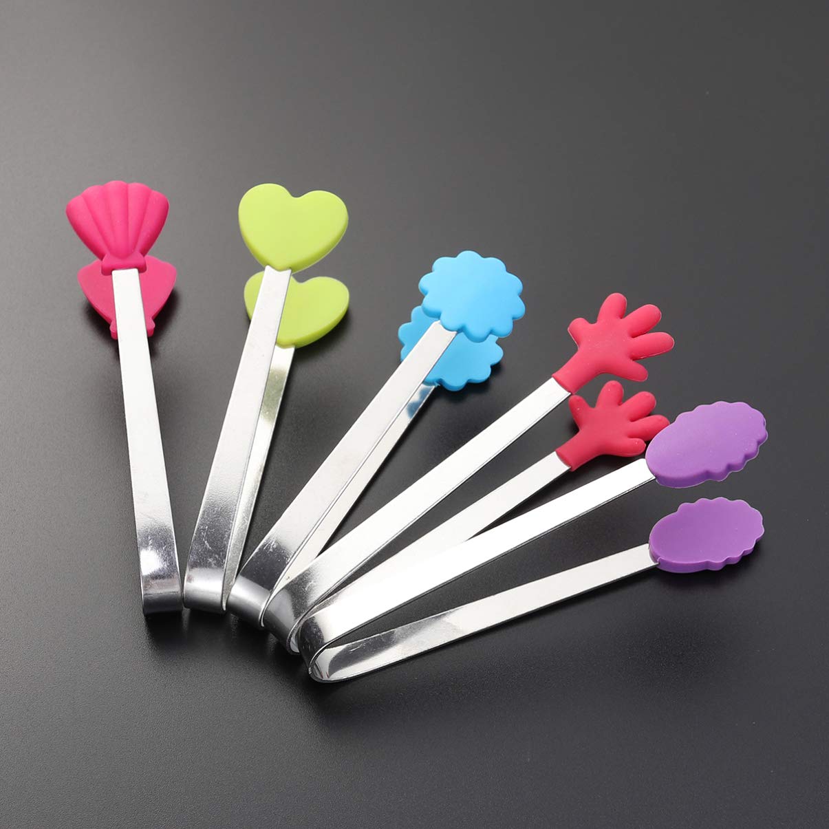 NAMOARLY 6-piece Food Tongs Set Kitchen Clips Silicone Tips Stainless Steel for Sugar Ice Ideal for Buffet Bbq Random Color