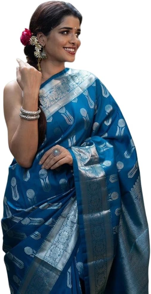NEOPOL Women's Banarasi Style Pure Kanjivaram Silk Jacquard Kanchipuram Pattu Saree With Un-Stiched Blouse