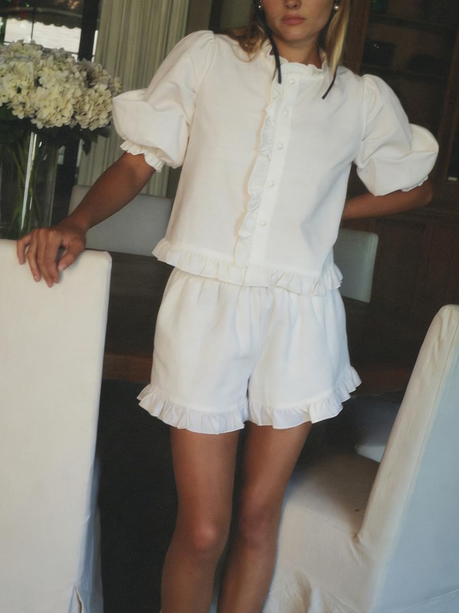 Womens Ruffle Short Set Fashion Summer Puff Sleeve Button Down Top and Shorts Cotton 2 Piece Outfits