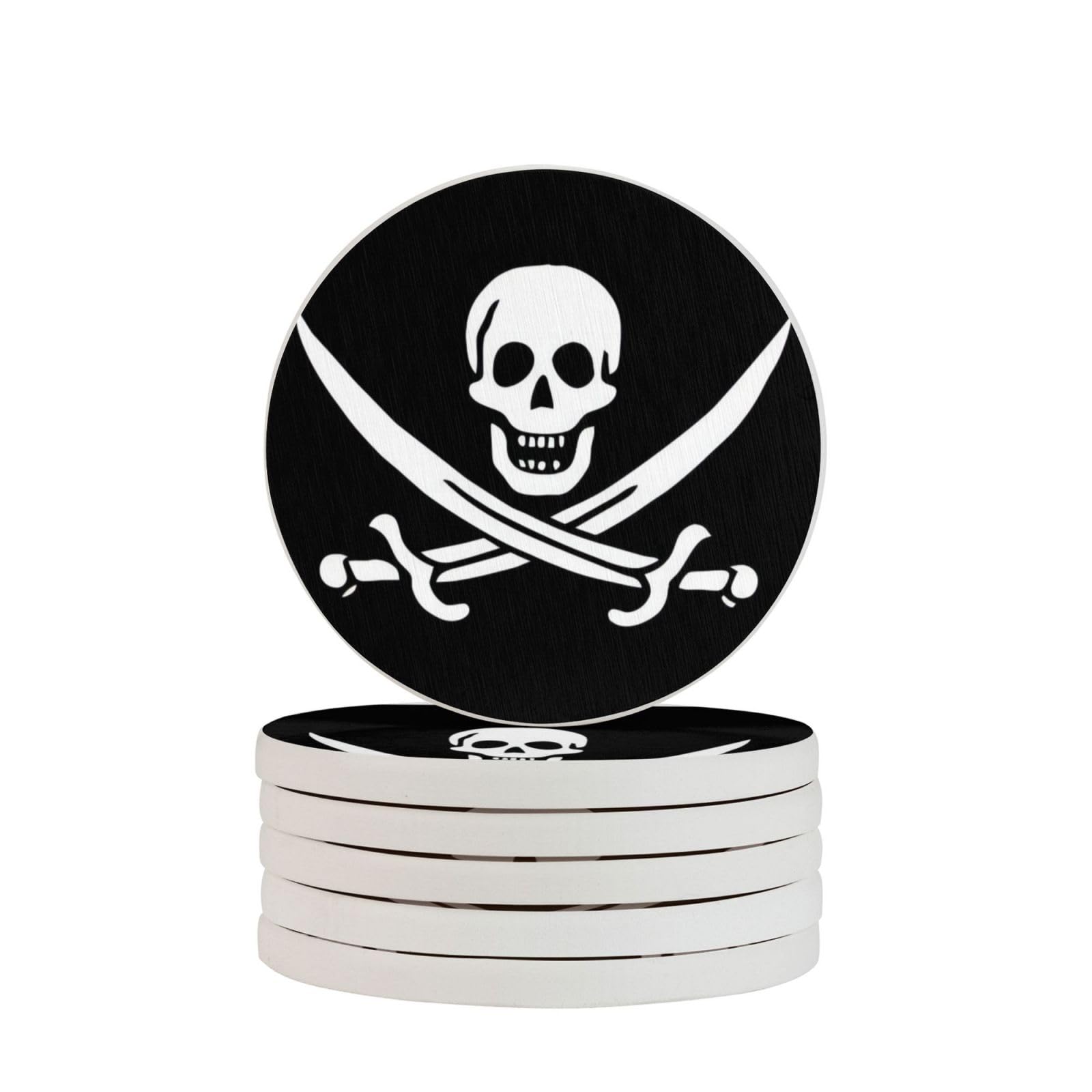 Sous-verres ronds en diatomite drapeau pirate par 4