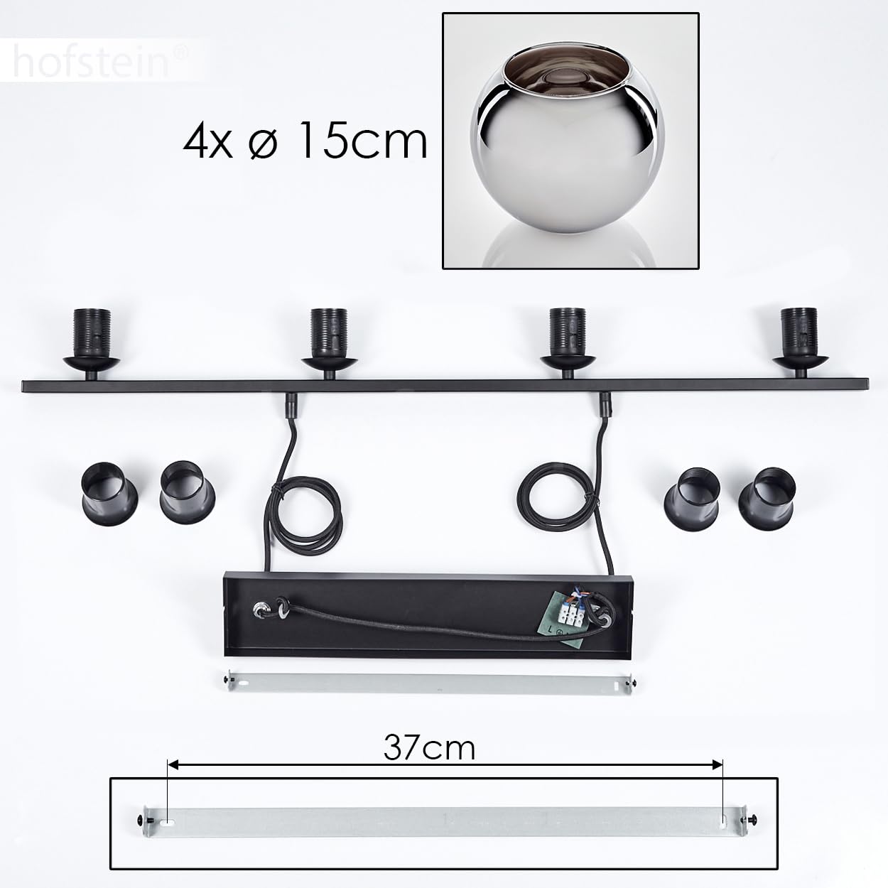 Pendelleuchte Koyoto, Hängelampe aus Metall/Glas in Schwarz/Chromfarben, Hängeleuchte im Retro/Vintage-Design mit Glasschirmen (Ø 15 cm), 4-flammig, Höhe max. 111,5 cm, 4 x E27, ohne Leuchtmittel