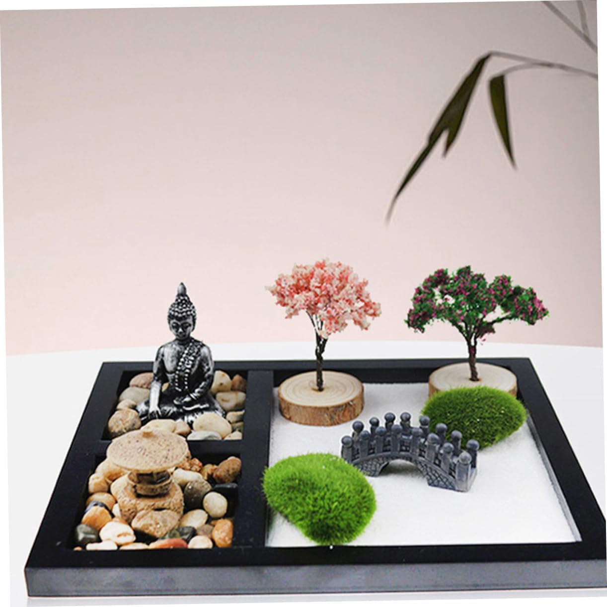 VANZACK 1Set Mini Zen Garden Japanese Style Desktop Sandbox Decor for Meditation Tranquility Compact Home Ornament for Office Living Spaces with Buddha Figure