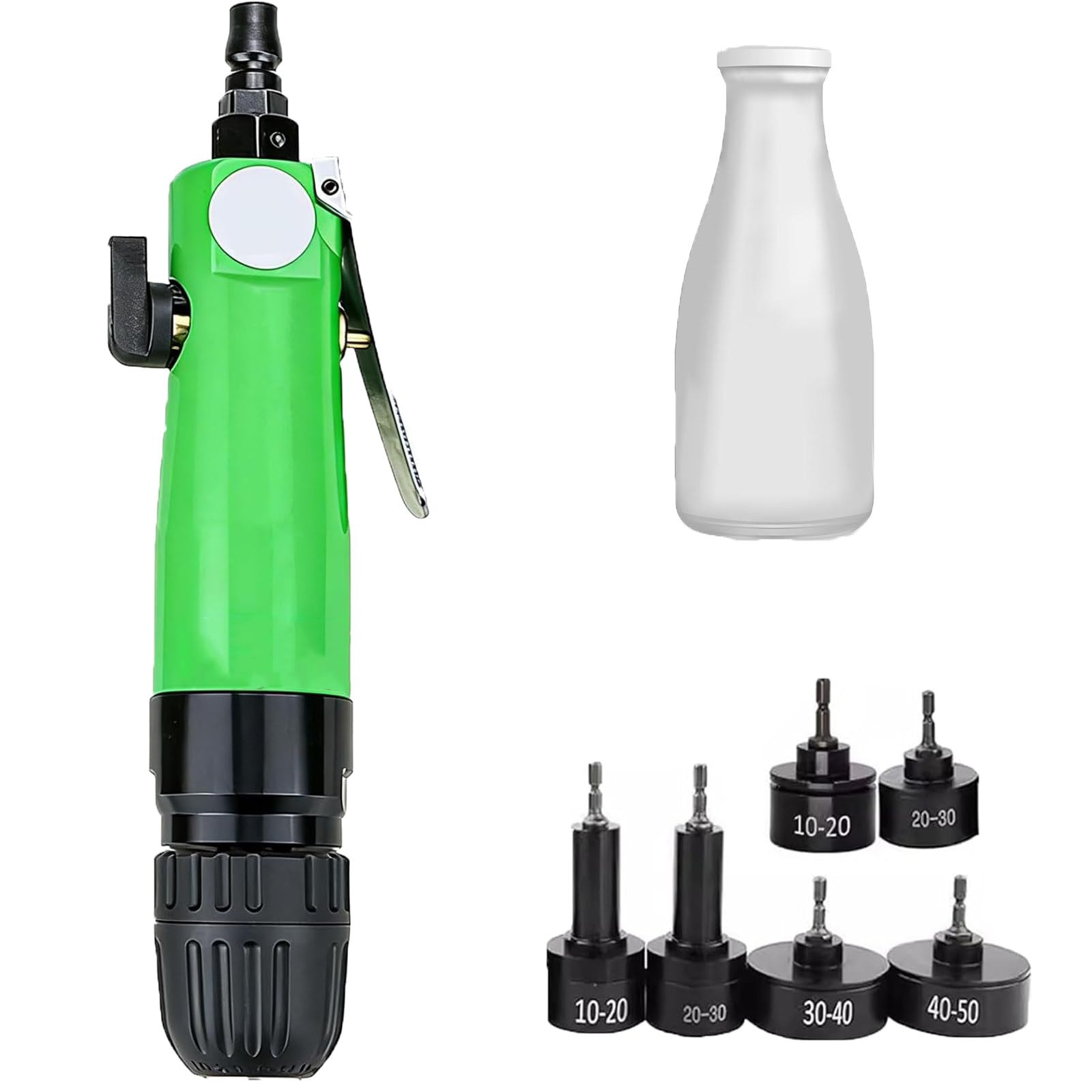 MiyKom Pneumatic Hand-Held Bottle Capper Machine Tool with Adjustable Speed 2500RPM for Plastic and Glass Caps, Includes 6 Interchangeable Heads for Production Line, Green B